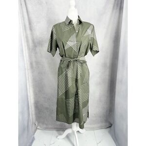 DKNY Pure Green White Geometric Linear Belted Cotton Shirt Midi Dress Size Small